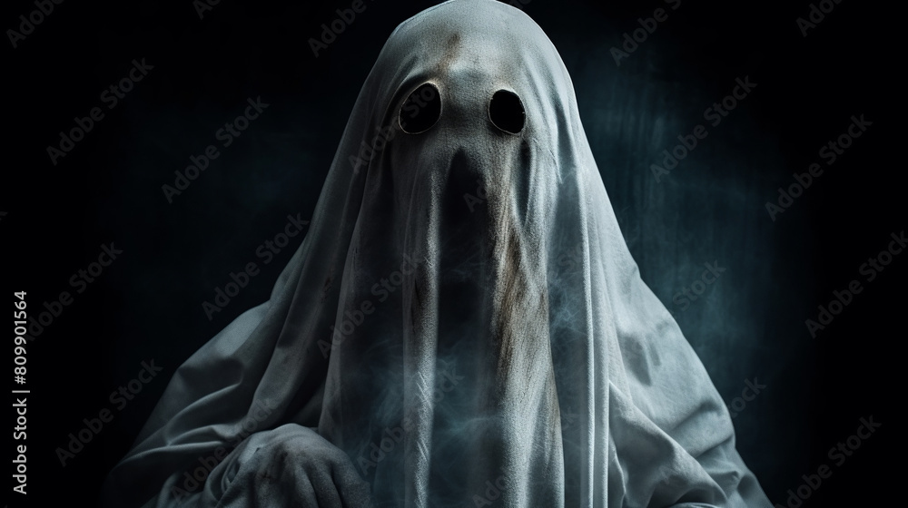 Fototapeta premium Ghostly figure shrouded in a white sheet with two dark, hollow eyes, classic ghost imagery, making it interesting for its eerie and haunting visual appeal