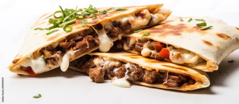 A mouthwatering beef quesadilla is presented on a clean white background leaving ample space for any additional visuals or text A mouthwatering beef quesadilla is presented on a clean white background leaving ample space for any additional visuals or text