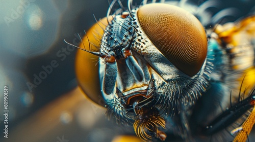 A closeup of a flys head highlights its multifaceted eyes and bristly face, high resolution DSLR