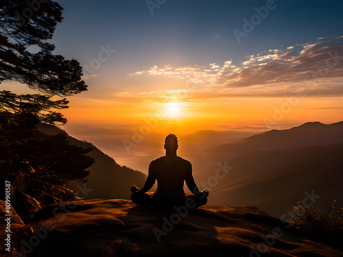 Atop the World: Sunrise Yoga on a Mountain Peak. Tranquility and Breathtaking Views. generative AI