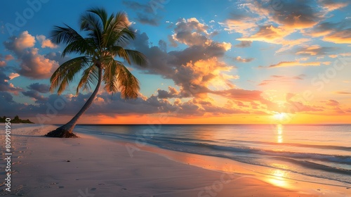 A lone palm tree swaying gently on a sandy beach under a tropical sunset. Ratio