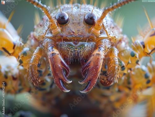 A closeup shot of a centipedes head reveals its many pairs of sharp mandibles and sensory appendages, high resolution DSLR photo