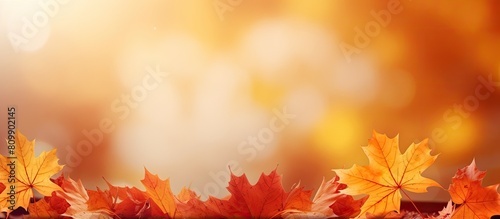 A blurred background showcases a serene autumn scene with orange maple leaves providing a perfect copy space image