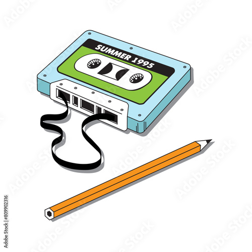 Magnetic audio cassette for recording music from the 90s. Music from the 90s. Vector illustration.