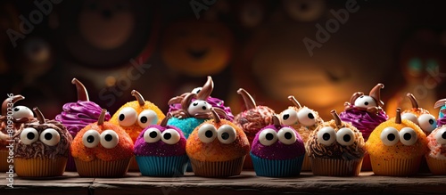 A party featuring Halloween cupcakes adorned with cute eyes captured in a copy space image