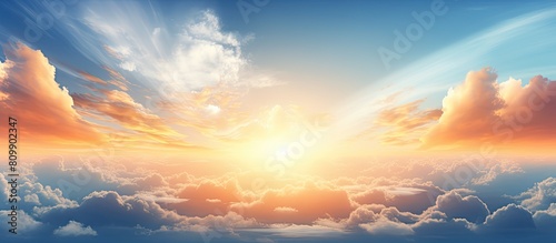 A captivating and picturesque sunset with the sun gracefully descending in a serene blue sky adorned with fluffy clouds creating an ideal copy space image 192 characters