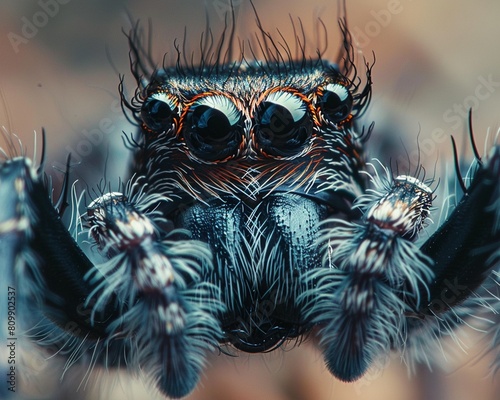 A closeup shot of a spiders head showcases its eight eyes and hairy face, high resolution DSLR © F@tboy