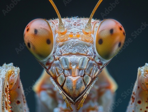 In a macro shot, the head of a praying mantis exhibits its triangular face and keen eyes, high resolution DSLR