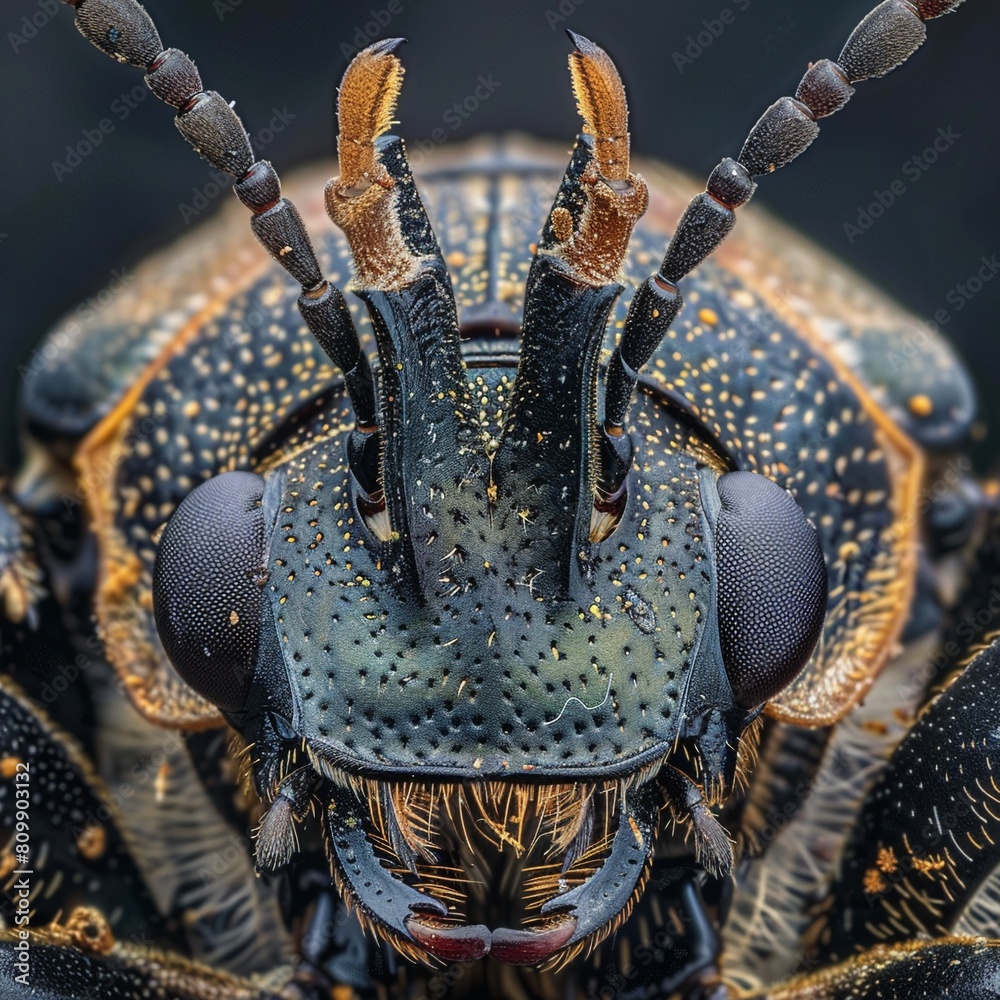 In macro photography, the head of a beetle displays its armored exoskeleton and segmented antennae, high resolution DSLR In macro photography, the head of a beetle displays its armored exoskeleton and segmented antennae, high resolution DSLR