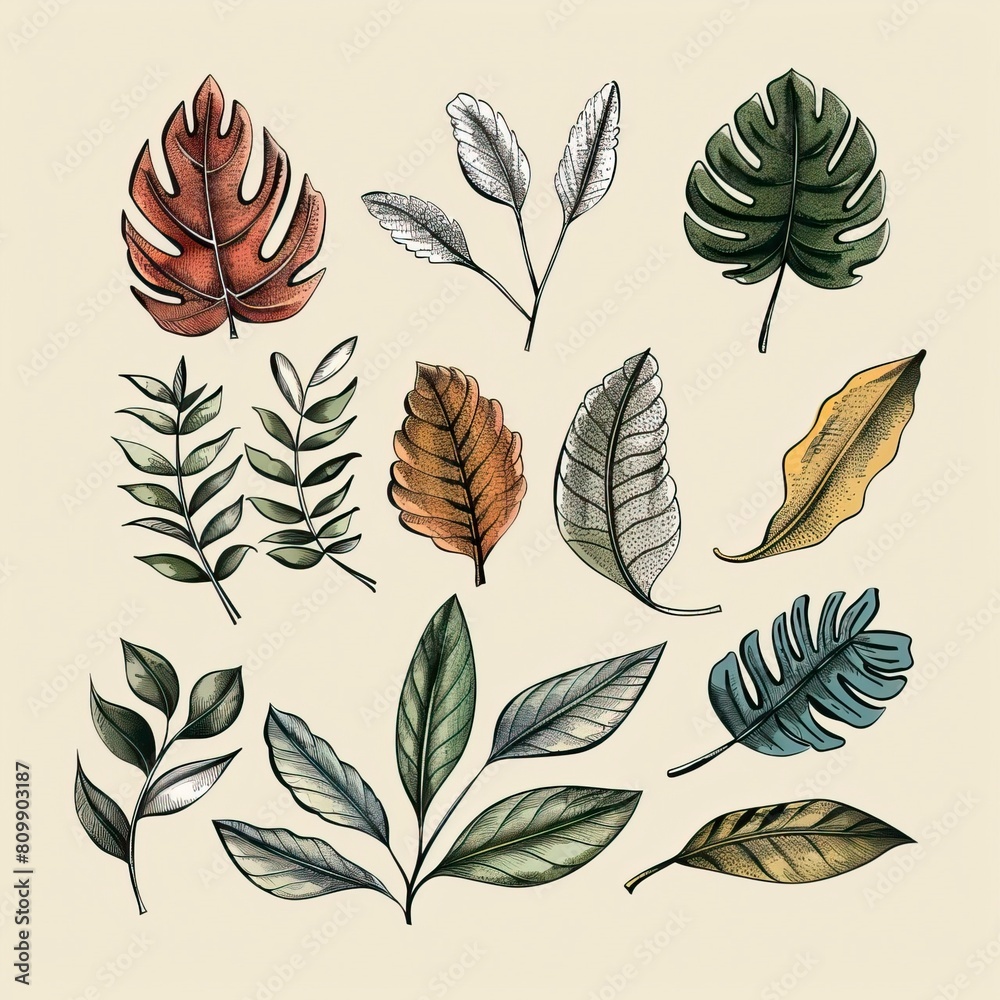A collection of hand drawn leaves and plants A collection of hand drawn leaves and plants