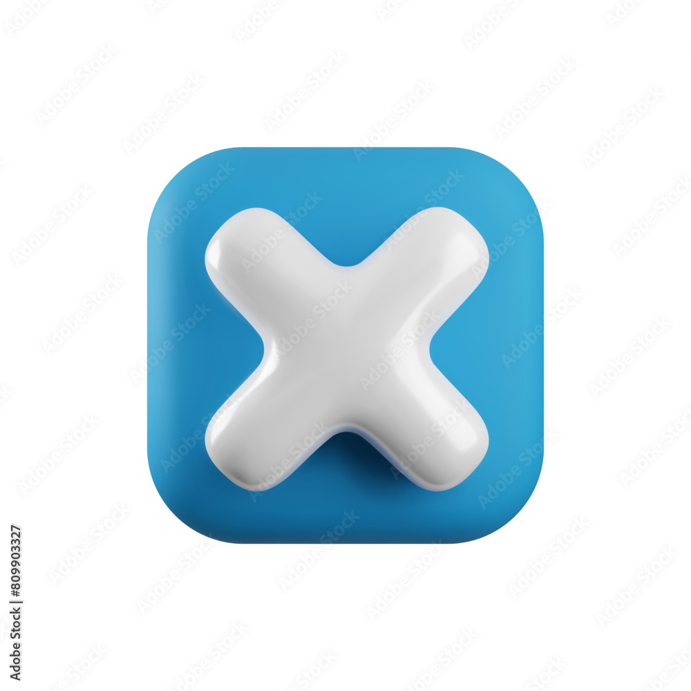 Obraz premium Vector 3d cross x realistic icon. Trendy square plastic wrong blue check mark, delete sign on white background. No vote button. 3d render not approved symbol, error, failed sign for web design, app.