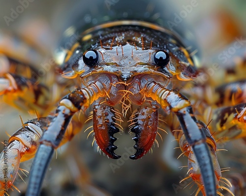 The closeup of a centipedes head reveals its many pairs of sharp mandibles and sensory appendages, high resolution DSLR