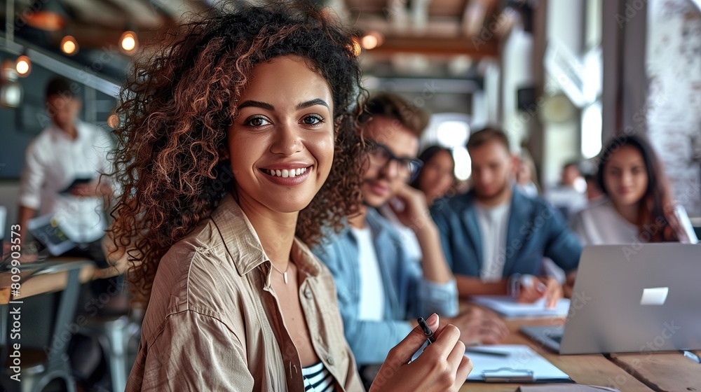 Young professional woman, smiling confidently at a creative brainstorming session with her team in a modern office Young professional woman, smiling confidently at a creative brainstorming session with her team in a modern office