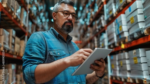 Warehouse manager utilizing a tablet to manage logistics and inventory efficiently