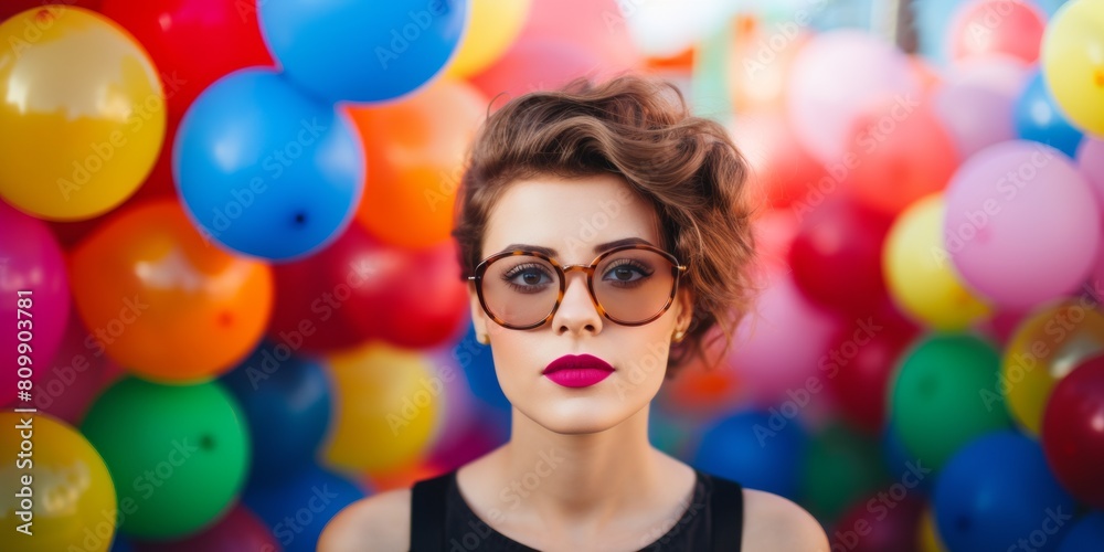 Obraz premium Portrait of beautiful woman with inflatable rainbow balloons. Generative AI.