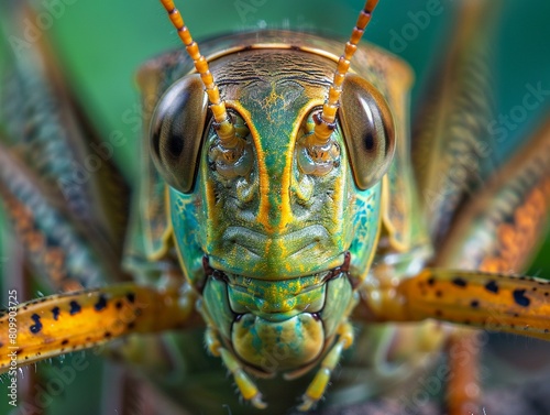 The closeup view of a grasshoppers head showcases its large compound eyes and sensitive antennae, high resolution DSLR © F@tboy