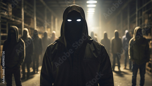 person in the dark hood Mysterious Figure Uniting Diverse Team in Warehouse