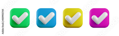 Vector 3d Check mark realistic colorful icons set. Trendy plastic green, blue, yellow, pink checkmarks, select icon, square yes button. 3d render tick sign illustration for web, app, design.