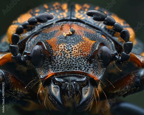 The closeup view of a beetles head showcases its armored exoskeleton and sharp mandibles, high resolution DSLR