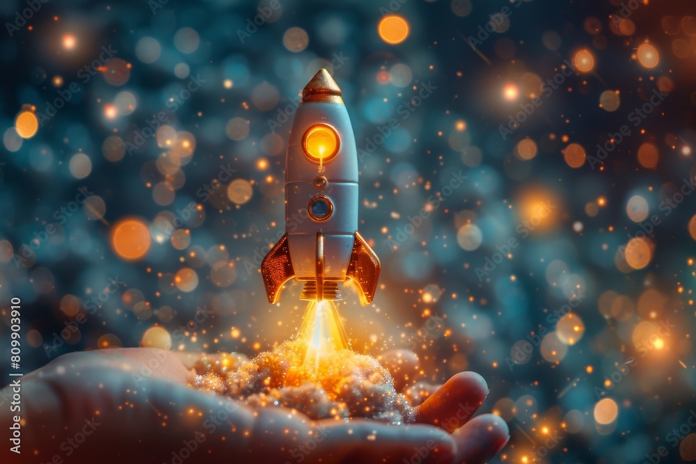 In a magical display, a hand holds a toy rocket simulating a launch illustrated by vibrant sparks and bokeh In a magical display, a hand holds a toy rocket simulating a launch illustrated by vibrant sparks and bokeh