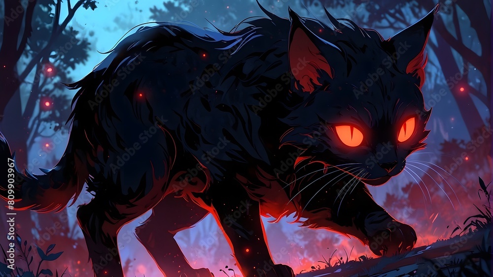Illustration of a terrifying cat-like creature,  dark magic and mythical beasts, glowing red markings, cinemtic look 