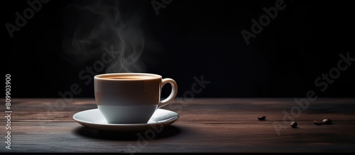 A coffee cup sitting on a dark table with ample space for placing images