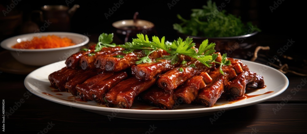 Image of boiled spareribs on a dish with plenty of space for cooking. Creative banner. Copyspace image Image of boiled spareribs on a dish with plenty of space for cooking. Creative banner. Copyspace image