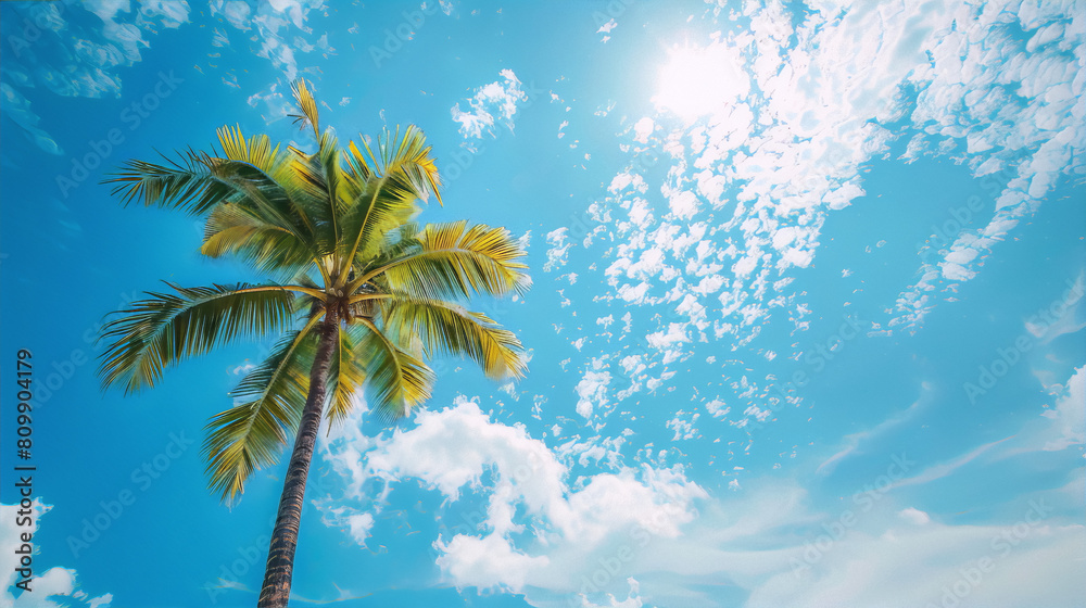 Coconut tree and blue sky convey the tropical summer feeling of a relaxing vacation paradise, evoking a sense of peace and tranquility with bright and vivid colors in photography style Coconut tree and blue sky convey the tropical summer feeling of a relaxing vacation paradise, evoking a sense of peace and tranquility with bright and vivid colors in photography style