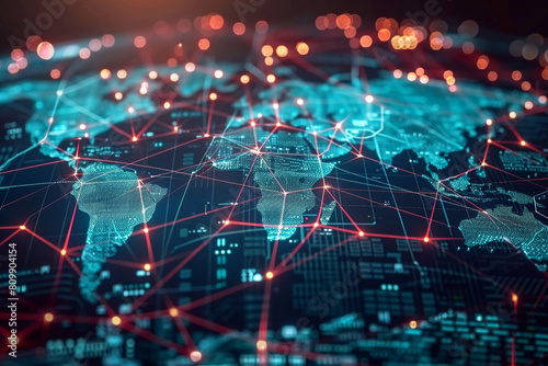 Global digital economy network nodes and connections symbolizing international trade agreements  photo