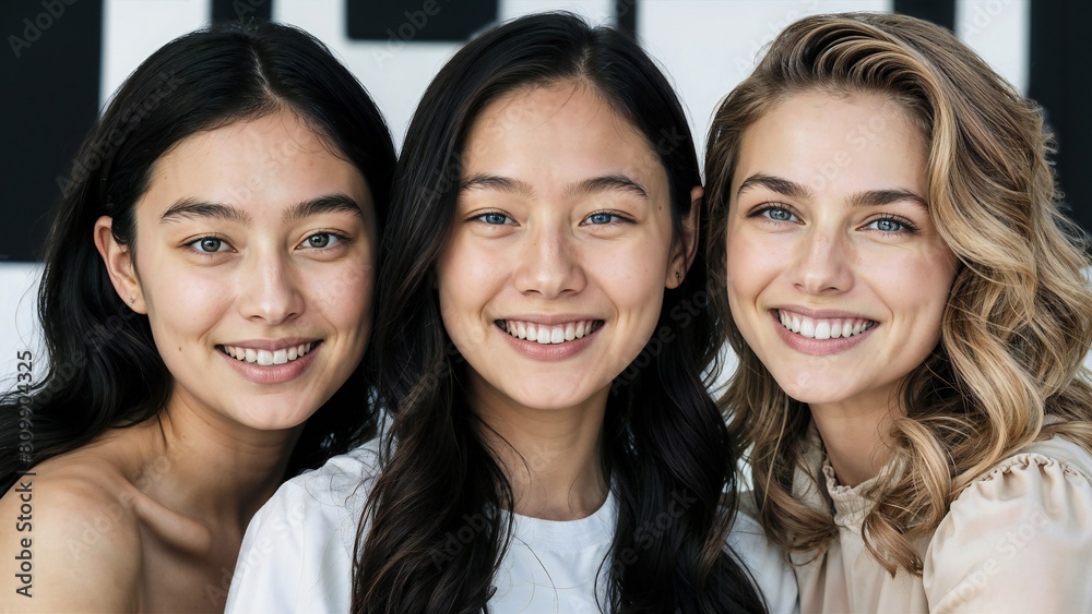 Three smiling young women of diverse ethnicity. Three smiling young women of diverse ethnicity.