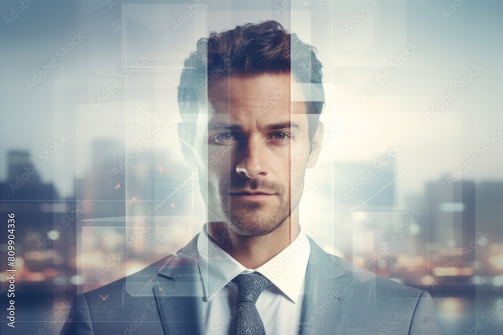 Fototapeta premium The double exposure image of the business man standing back during overlay with cityscape. Generative AI.
