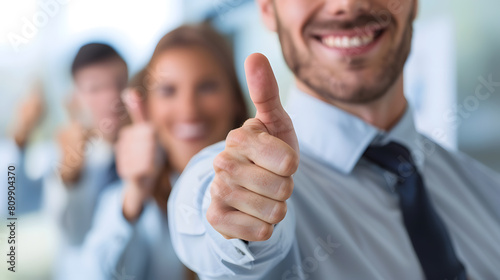 Close-up of successful business team showing thumbs-up in office