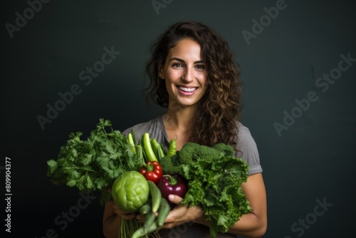 Woman have fun holding gluten-free organic green vegetable. Healthy nutrition. Generative AI.
