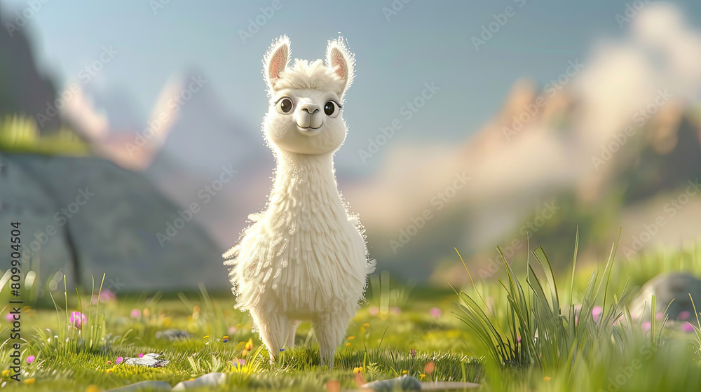 Fototapeta premium A cute white lama on the grass