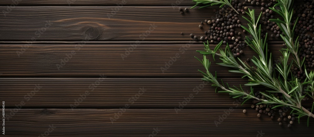 Dark wooden background with a sprig of rosemary and black pepper providing ample copy space for text Dark wooden background with a sprig of rosemary and black pepper providing ample copy space for text