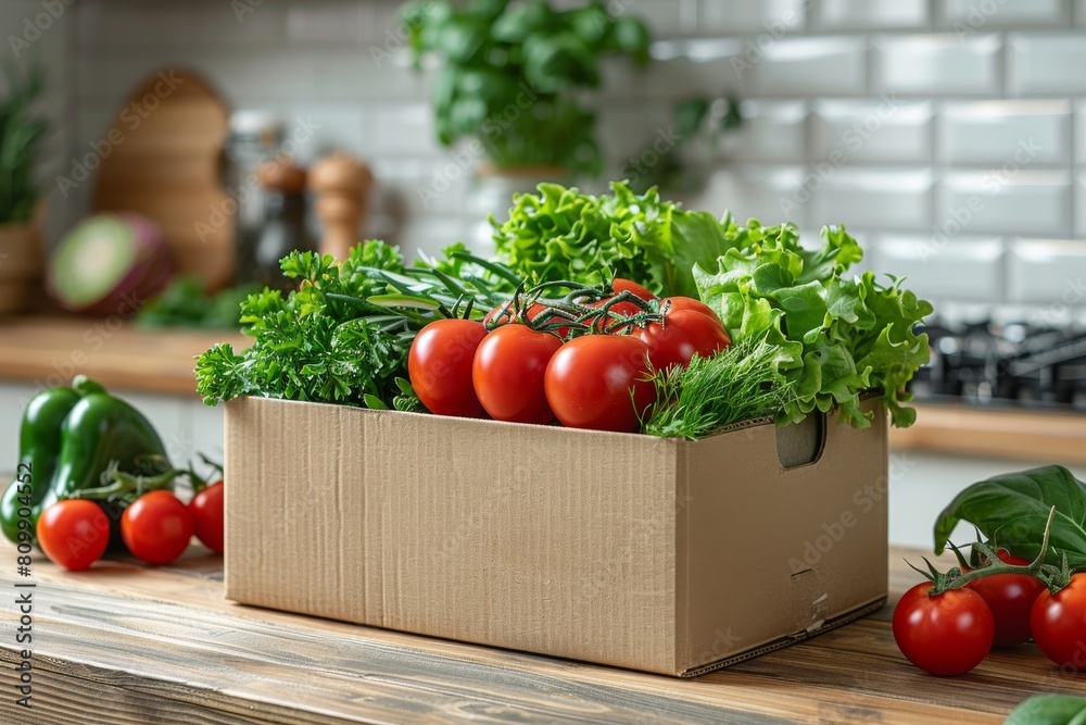 A cardboard box on a kitchen counter is filled with fresh tomatoes, greens, and peppers A cardboard box on a kitchen counter is filled with fresh tomatoes, greens, and peppers