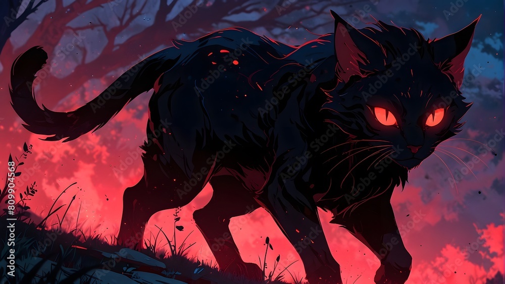 Illustration of a terrifying cat-like creature, dark magic and mythical beasts, glowing red markings, cinemtic look Illustration of a terrifying cat-like creature, dark magic and mythical beasts, glowing red markings, cinemtic look