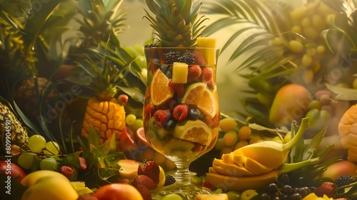 A glass filled with a variety of fruits including oranges  bananas  and strawberries. Concept of abundance and freshness  with the fruits arranged in a visually appealing manner