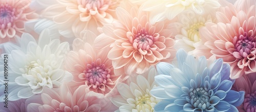 Soft pastel colored chrysanthemum flowers arranged in a blurred style perfect for use as a background in a copy space image © HN Works
