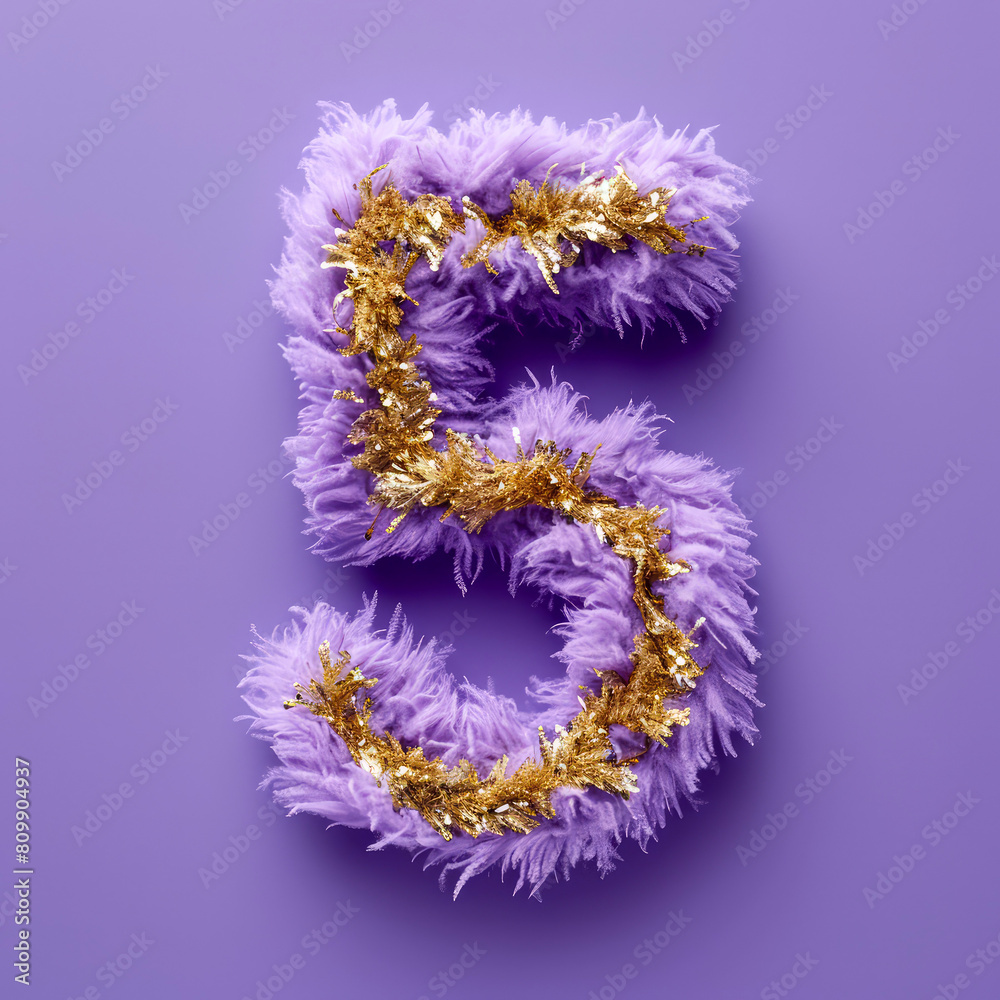 Purple fur, fluffy number five, 5 with golden decoration. Birthday greeting card. Anniversary. Flat lay. Generative ai Purple fur, fluffy number five, 5 with golden decoration. Birthday greeting card. Anniversary. Flat lay. Generative ai