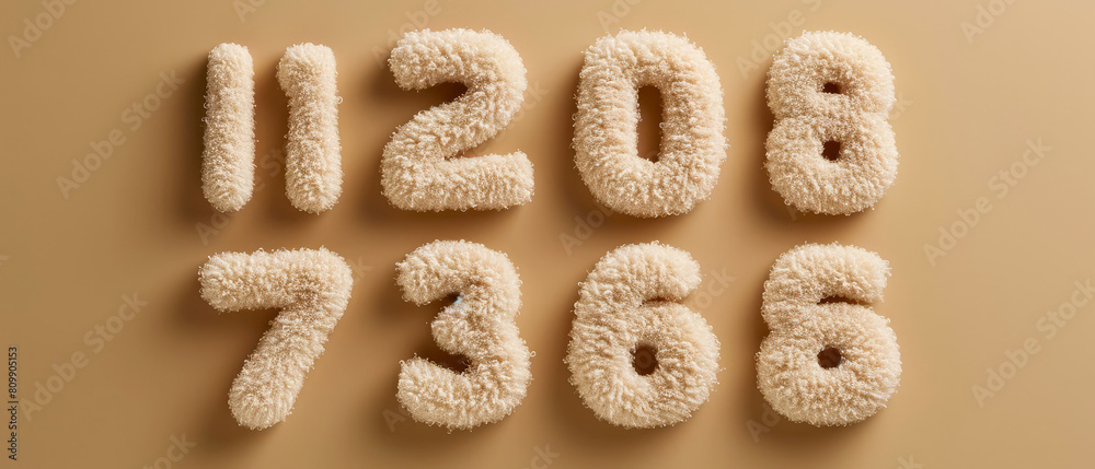 Set of fluffy numbers on beige background. Fur font texture. Flat lay. Generative ai Set of fluffy numbers on beige background. Fur font texture. Flat lay. Generative ai