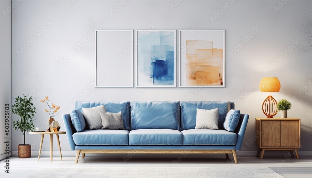 Fototapeta premium Modern inviting Art Living Room Mockup, living room interior poster frame mockup 