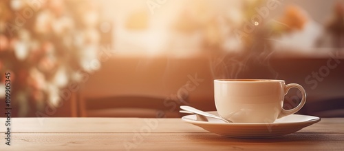 A stylish copy space image featuring a white cup of tea placed gracefully on a blurred dining table