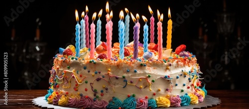 A birthday cake adorned with a vibrant assortment of colors accompanied by candles that match the cake s lively appearance. Creative banner. Copyspace image photo