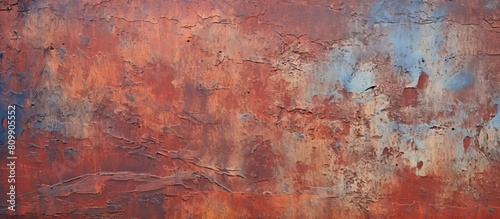 Close up image of an iron surface with old red and brown paint creating an abstract colorful wall texture and background Perfect copy space image 149 characters