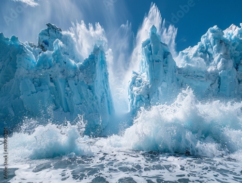Closeup of icebergs calving, with splashing water, emphasizing the dynamic and dramatic nature of global warming