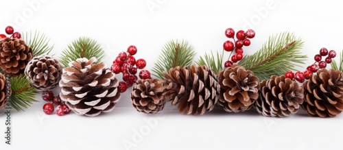 In the postcard concept there is a white background with unadorned Christmas pine twigs and cones as well as red berries These elements are placed in the top and bottom corners of the frame pointing