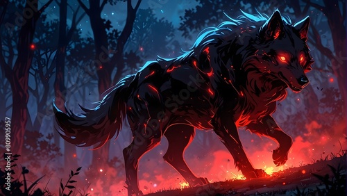 Illustration of a terrifying dog-like creature, dark magic and mythical beasts, glowing red markings, cinemtic look