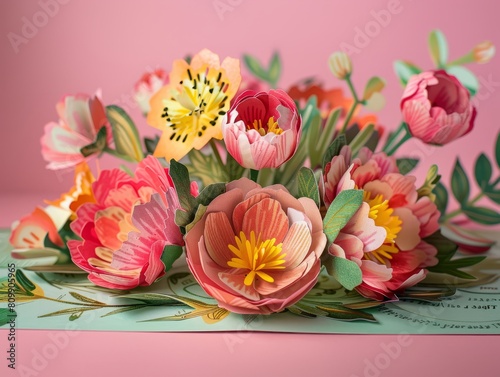 A beautiful bouquet of paper flowers in shades of pink, yellow, and green. © Mrzproducer