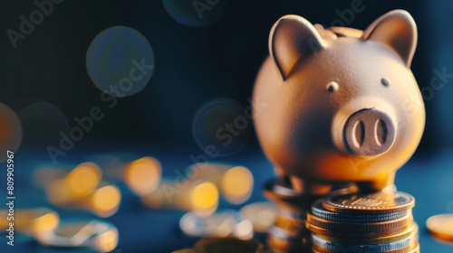 a piggy bank placed atop a stack of coins against a dark blue background. photo